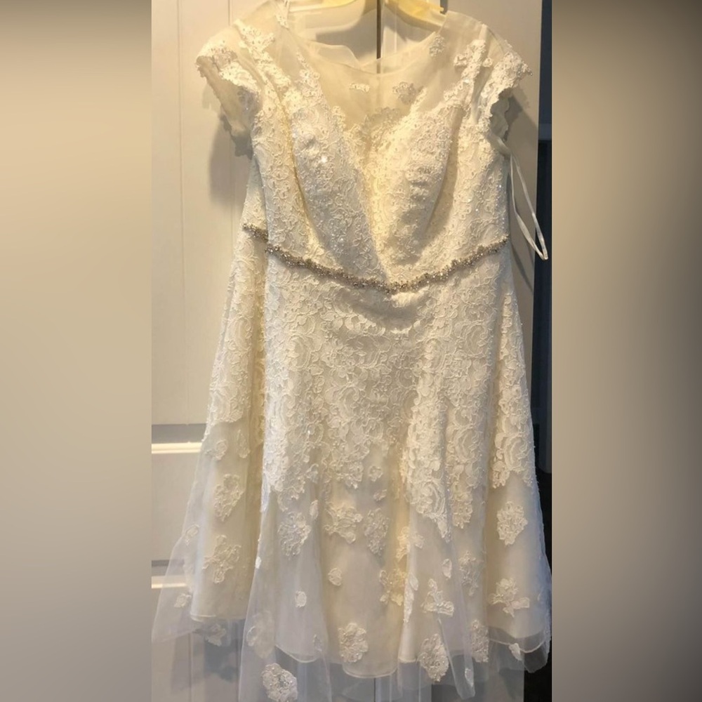 Short oleg cassini cap sleeve illusion wedding dress - Picture 3 of 6